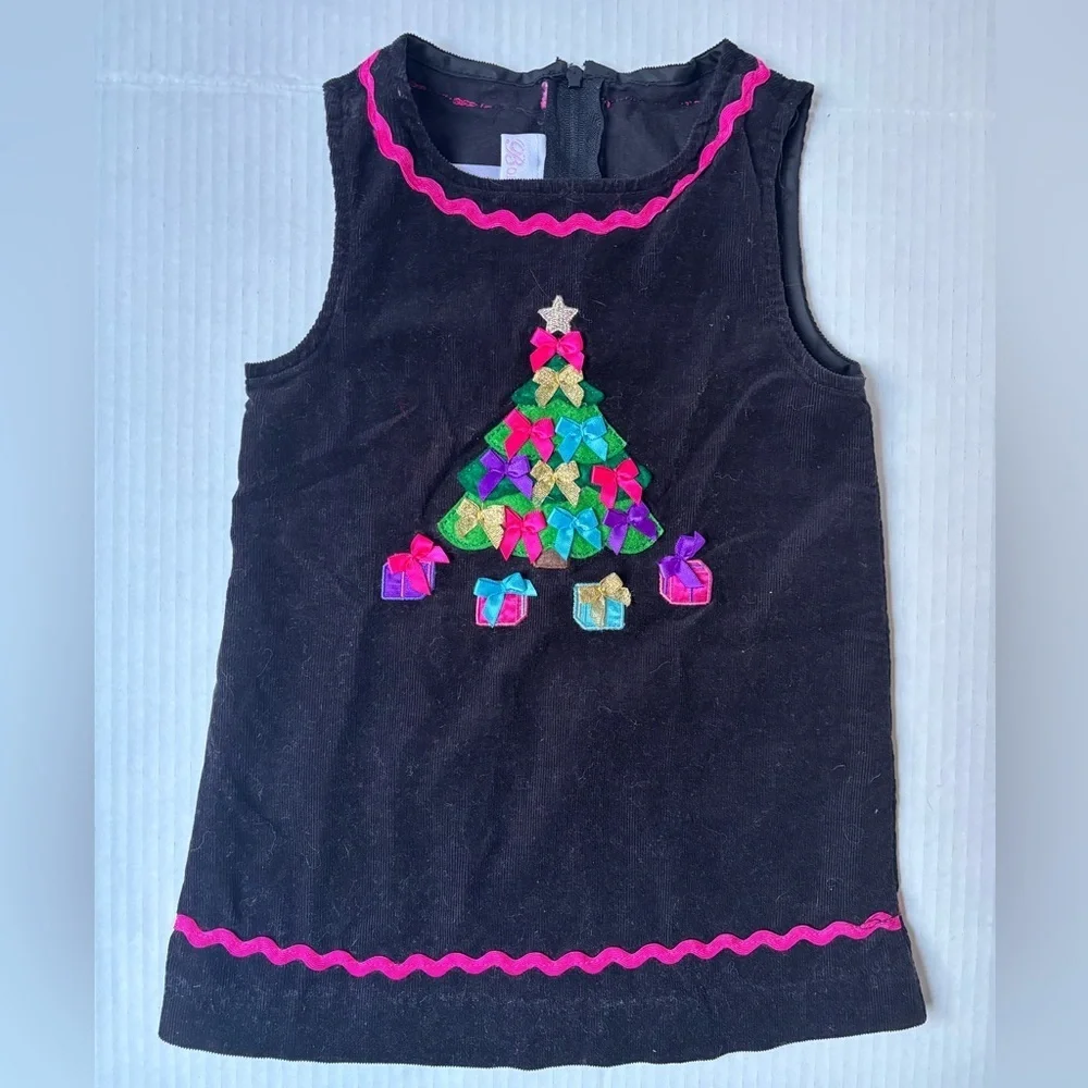Bonnie Baby Christmas Corduroy Dress Black Tree Ribbon Bows Bright Holiday 12M